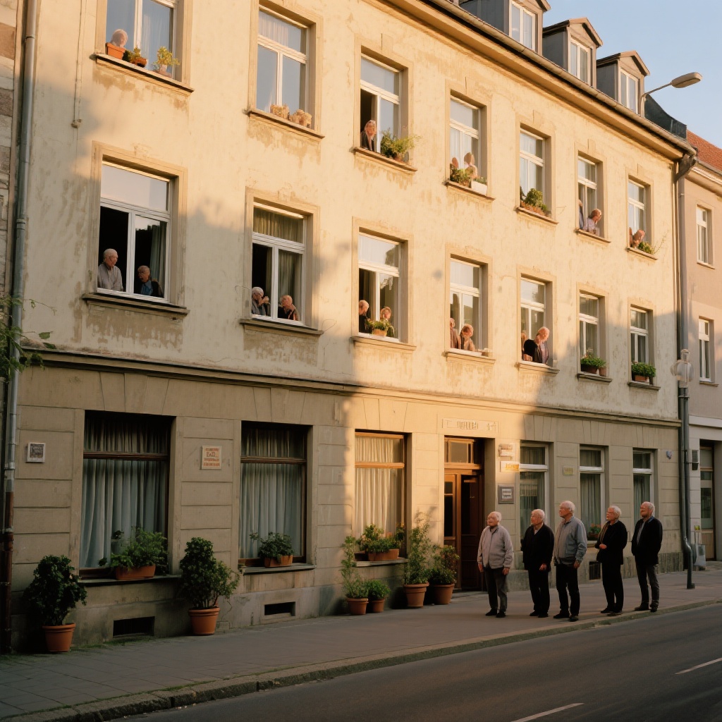Personen an Fenstern und auf Gehweg vor einem Gebäude symbolisieren Diskussion um Wohnzwecke in WEG und Umnutzung von Gewerbeeinheiten.
