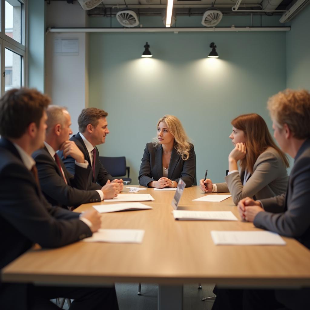 Personen diskutieren die gerichtliche Bestellung eines WEG-Verwalters am Konferenztisch.