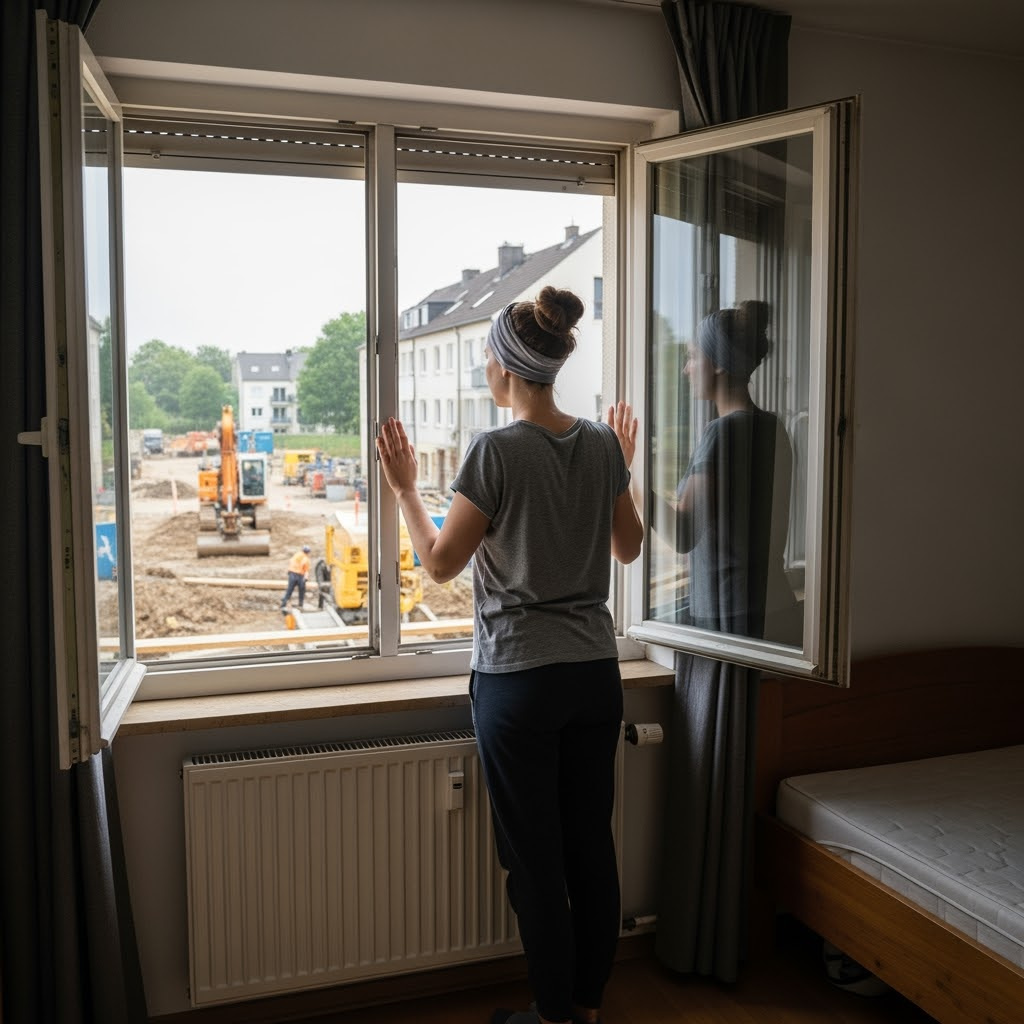 Junge Frau schaut morgens an einem offenen Fenster auf eine Baustelle mit Baumaschinen und Bauarbeiter
