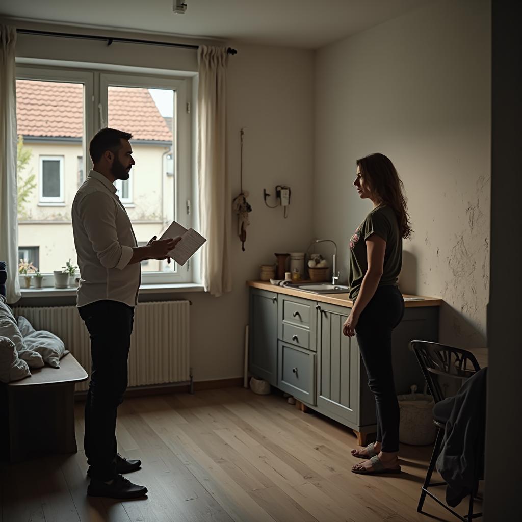 Angespannte Szene in einer Wohnung: Vermieterin hält Kündigungsschreiben, Mieter zeigt Mängel