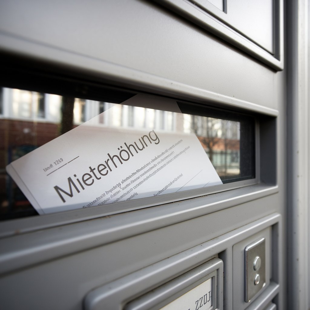 Weißer Briefumschlag mit Mieterhöhung liegt in Berliner Hausbriefkasten