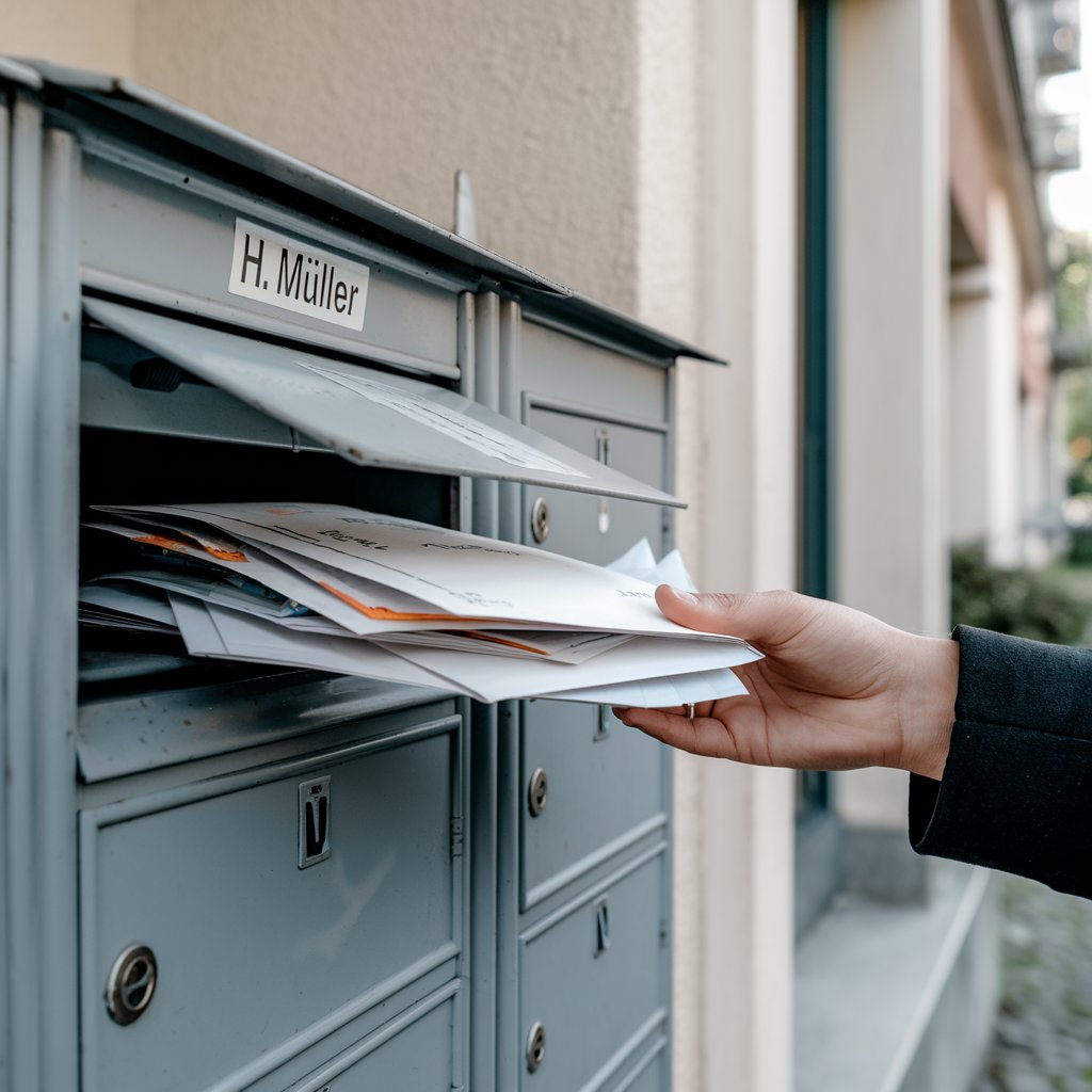 Mieterhöhungsschreiben klemmt in einem Briefkasten mit dem Namen „H. Müller“. Eine Hand zieht Post heraus.