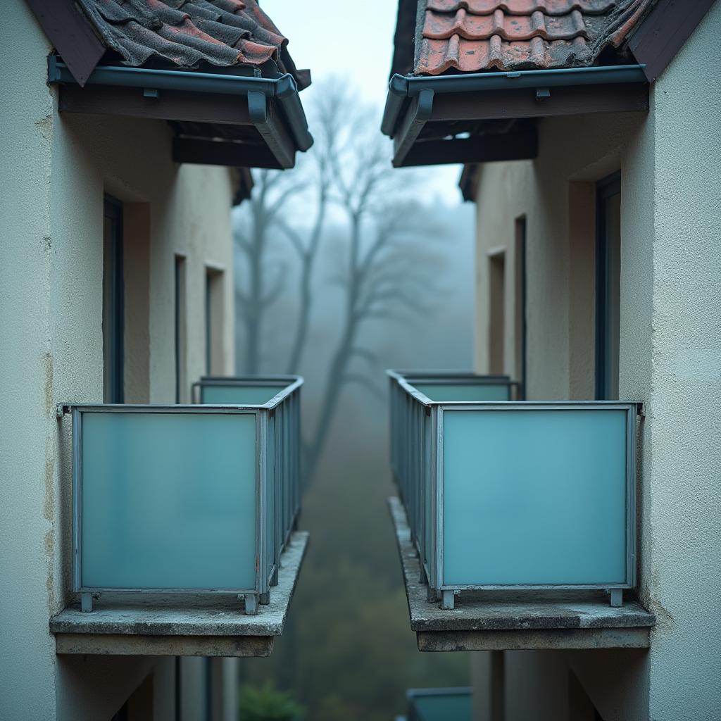 Zwei benachbarte Balkone mit Sichtschutzwand aus Milchglas, das die Sicht leicht blockiert. Ein Balkongeländer ist nicht gepflegt.