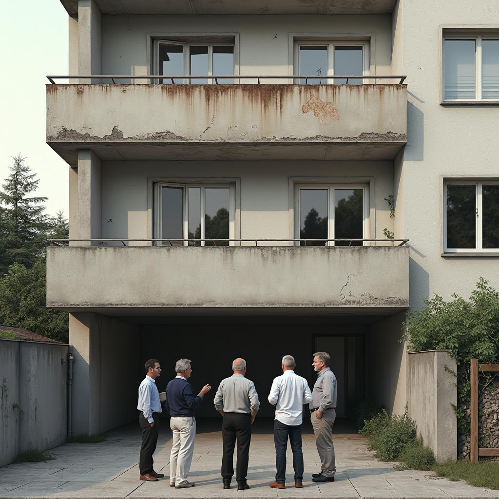 Gruppe von Eigentümern diskutiert vor sanierungsbedürftiger Hausfassade mit maroden Balkonen und Terrasse.