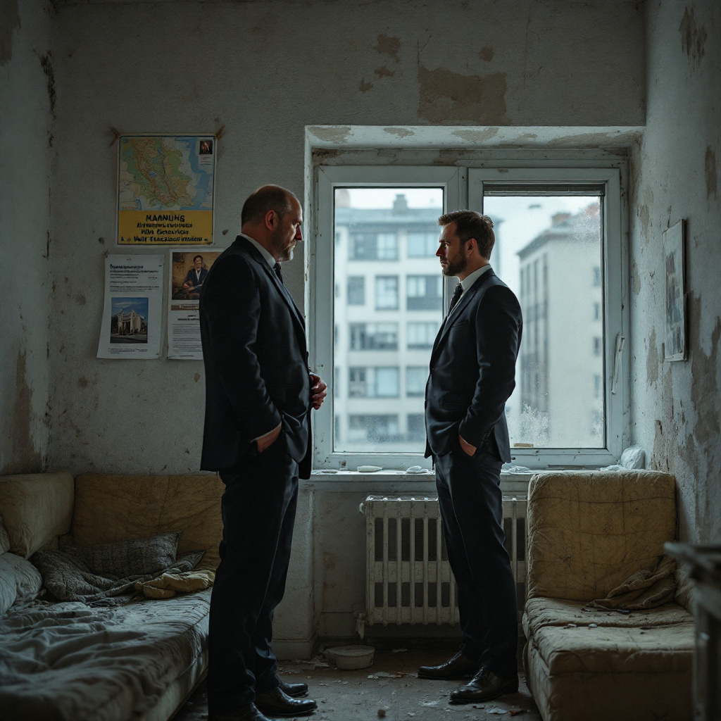 Monteurzimmer mit Vermieter, Bauunternehmensvertreter, Landkarte, Mietrückstände, Gericht