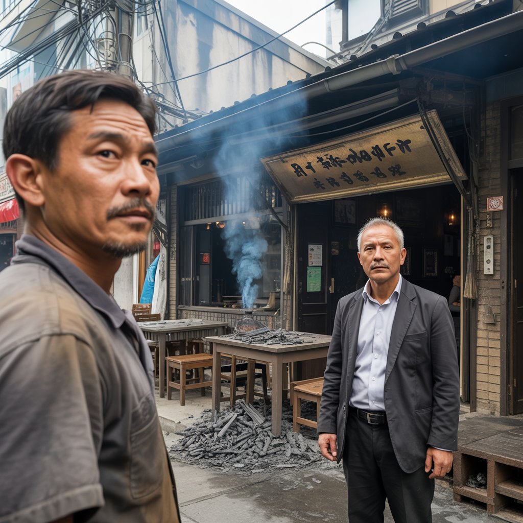 Mieter und Vermieter vor verbranntem asiatischem Restaurant mit Trümmern und Rauch