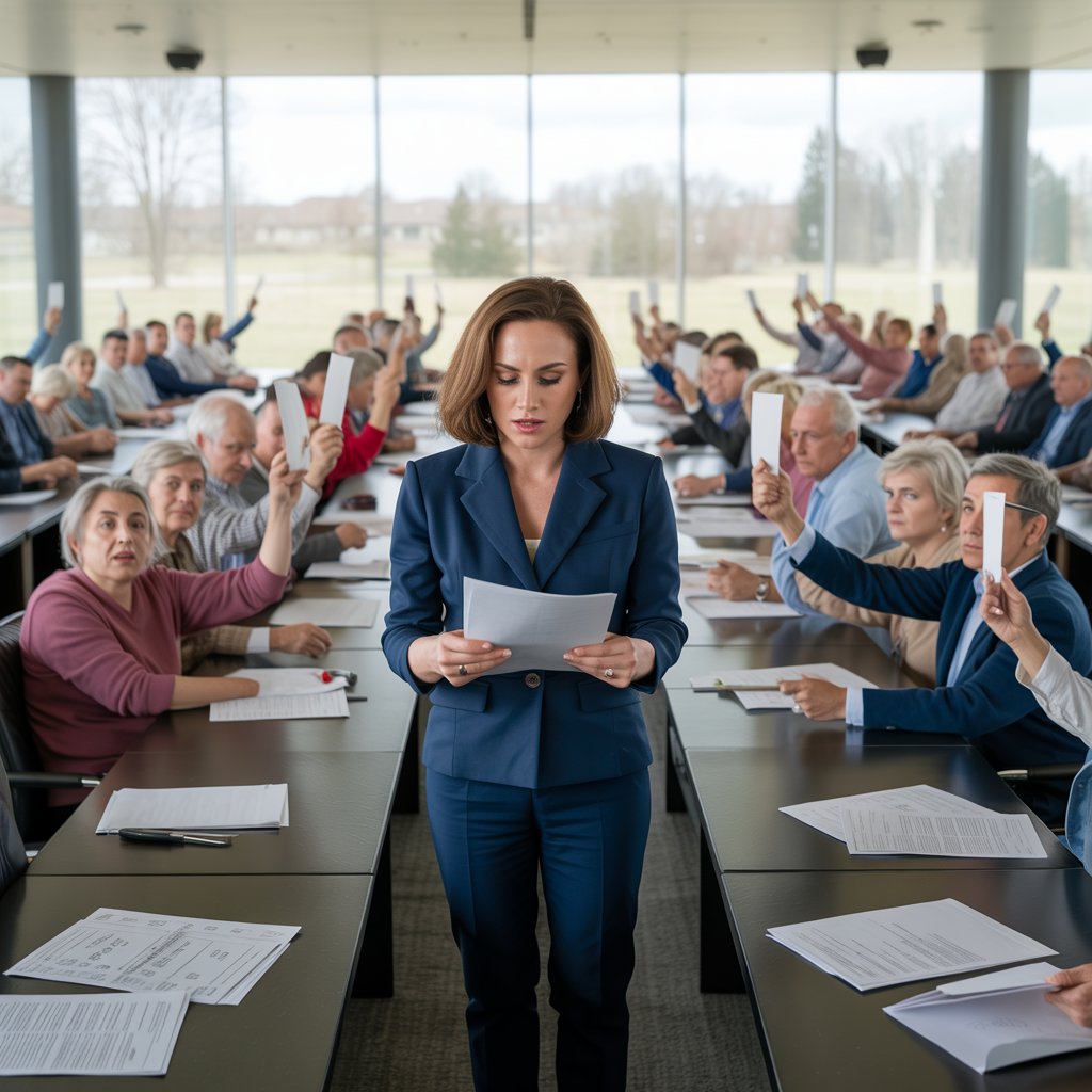 Eigentümerversammlung im Sitzungssaal mit abstimmenden Eigentümern und Verwalterin
