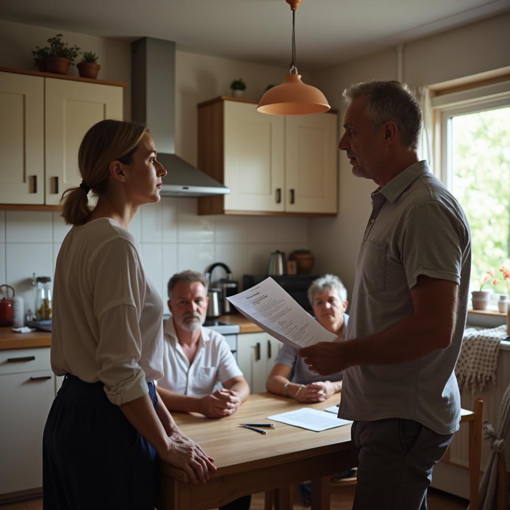 Anspannung bei Familiengespräch über Kaufvertrag und finanzielle Forderungen in der Küche