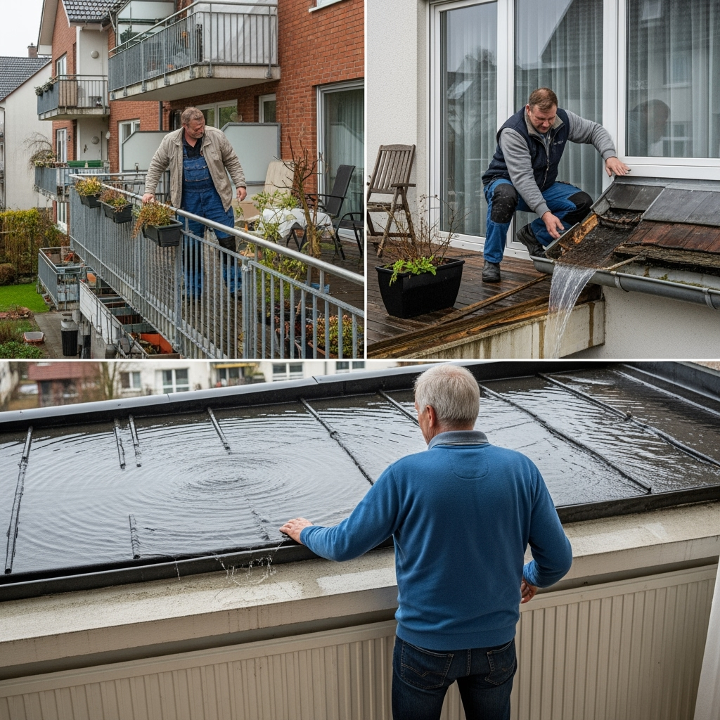Besorgter Mann prüft Wasserschaden an Decke und verstopfte Dachrinne bei Regen