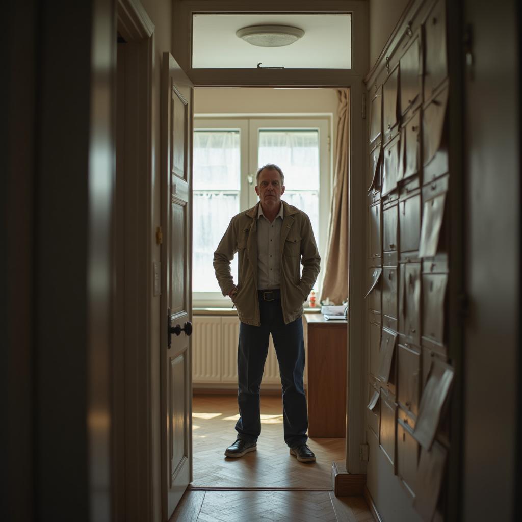 Frustrierter Wohnungseigentümer sucht Jahresabrechnung im leeren Briefkasten.