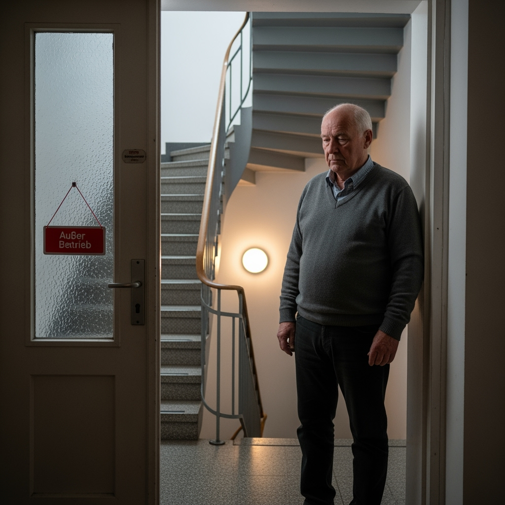 Mann steht nachdenklich vor "Außer Betrieb"-Tür, symbolisiert WEG Negativbeschluss zur Aufzug Instandsetzung.