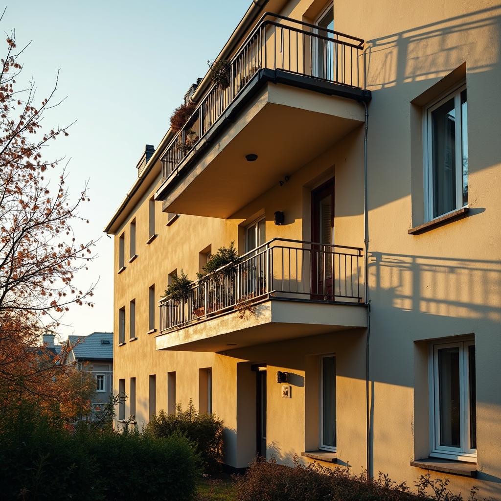 Das im goldenen Abendlicht ruhende Mehrfamilienhaus steht im Zentrum eines Rechtsstreits, in dem ein Wohnungseigentümer erfolglos die angeblich fehlerhafte Abrechnung und Anwaltsbeauftragung seiner WEG anfocht.