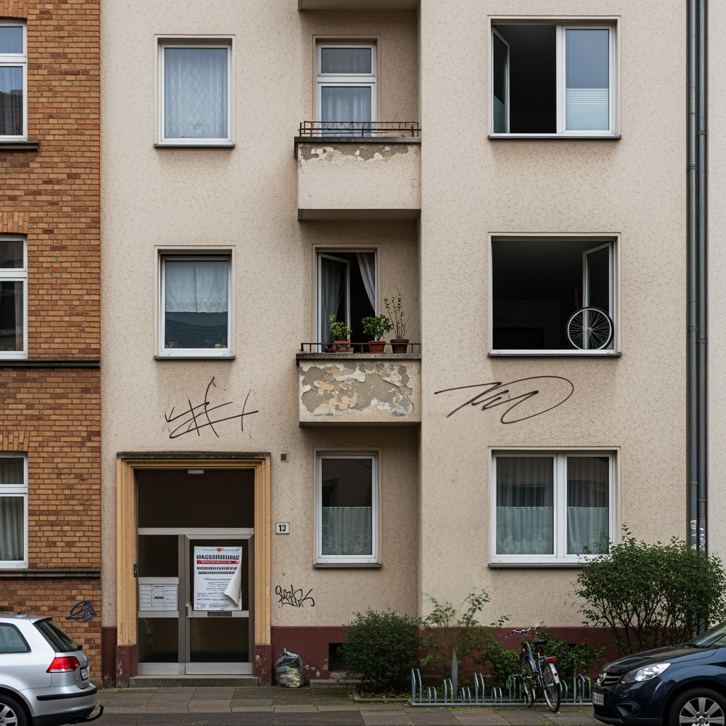 Die Fassade eines Wohnhauses mit Balkonen und bröckelndem Putz symbolisiert das strittige Sondereigentum, dessen Vermietung einem Eigentümerpaar aufgrund fehlender Zustimmung der Wohnungseigentümergemeinschaft gerichtlich untersagt wurde.