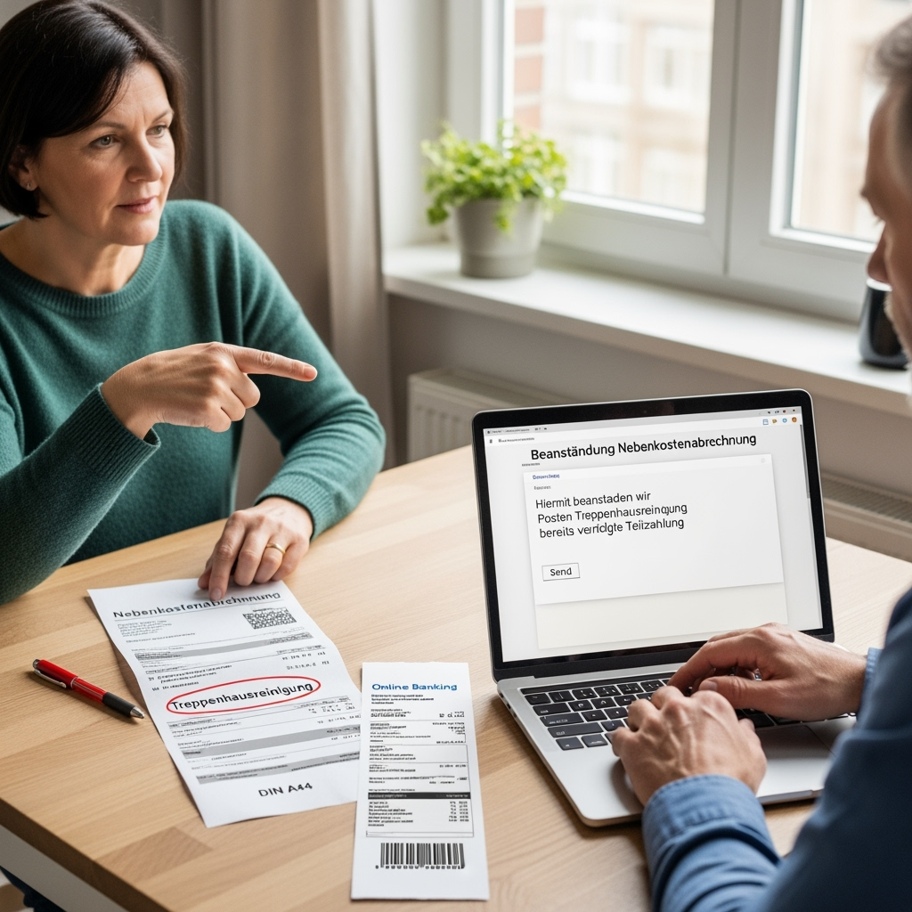 Eine Mieterin bemängelt die Treppenhausreinigung und formuliert am Laptop Einwendungen gegen ihre Betriebskostenabrechnung.