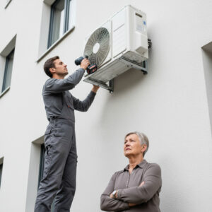 Trotz drohender Beschlussanfechtungsklage wegen Lärms montiert der Installateur die umstrittene Klimaanlagen-Außeneinheit an der WEG-Fassade.