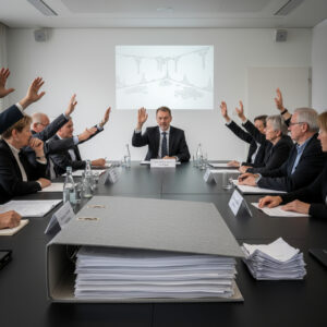 Erhobene Hände stimmen über einem großen Aktenordner für die Übertragung der Gutachterwahl an den Hausverwalter Müller.