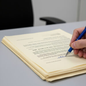 Eine junge Frau und ein Vertreter unterschreiben einen dicken Stapel vergilbter Mietvertragspapiere