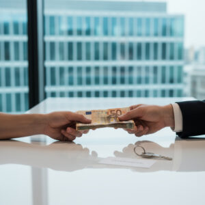 Ein dicker Stapel Geldscheine wird zwischen zwei Händen auf einem Schreibtisch übergeben; daneben liegen ein Schlüsselbund und eine Visitenkarte.