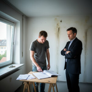 Die Hand eines ehemaligen Mieters zeigt auf Kleingedrucktes im Vertrag neben einer stark abgenutzten, fleckigen Zimmerwand.