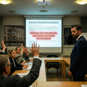 Angespanntes Meeting: Wohnungseigentümer heben zustimmend die Hand, während der Beschlusstext mit dem farblich hervorgehobenen Haftungsausschluss des Verwalters projiziert wird.