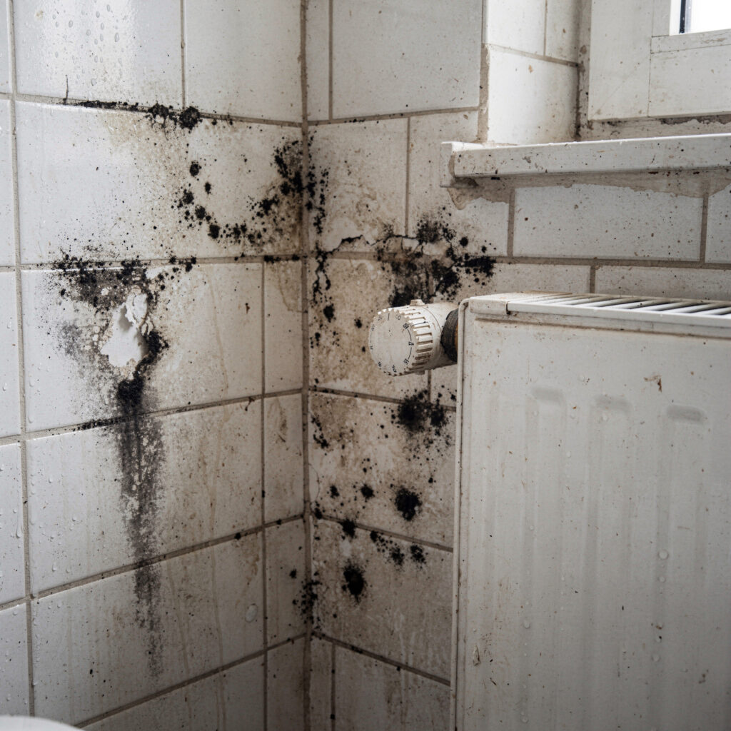 Große dunkle Schimmelflecken und Feuchtigkeitsspuren in den Fugen einer hell gefliesten Badezimmerecke.