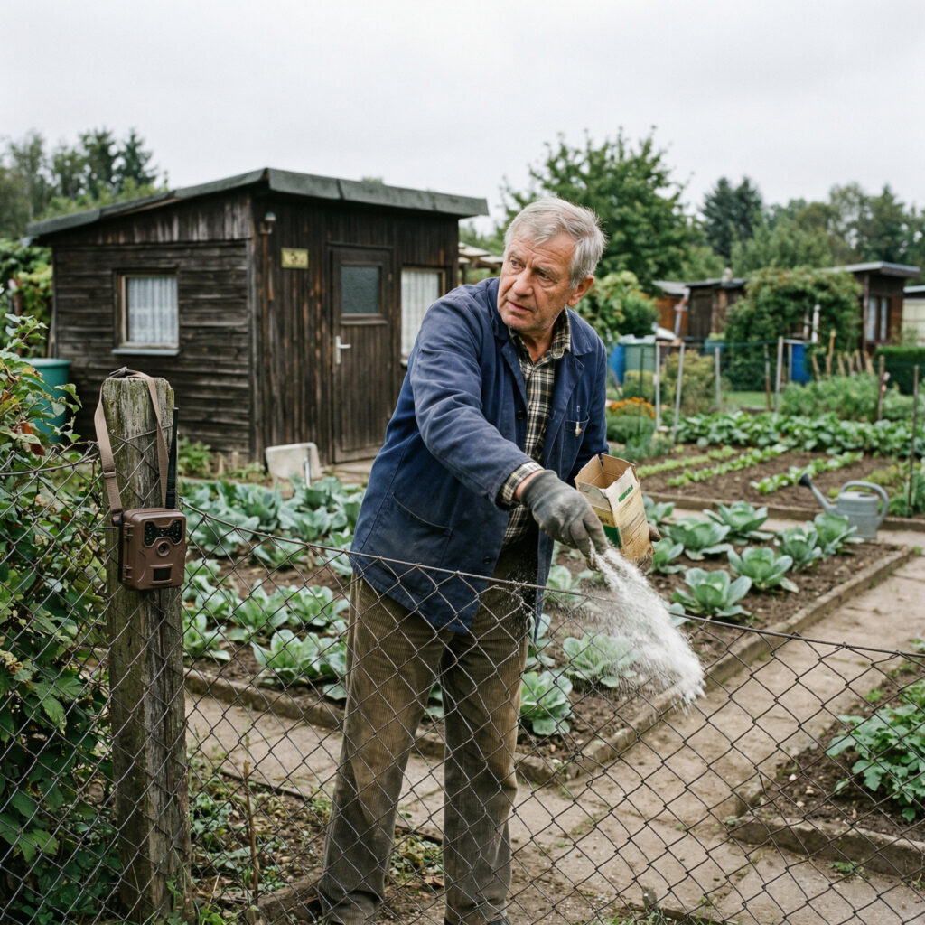 Ein Gärtner streut heimlich weißes Pulver über einen Zaun auf die grünen Gemüseblätter einer Nachbarparzelle.