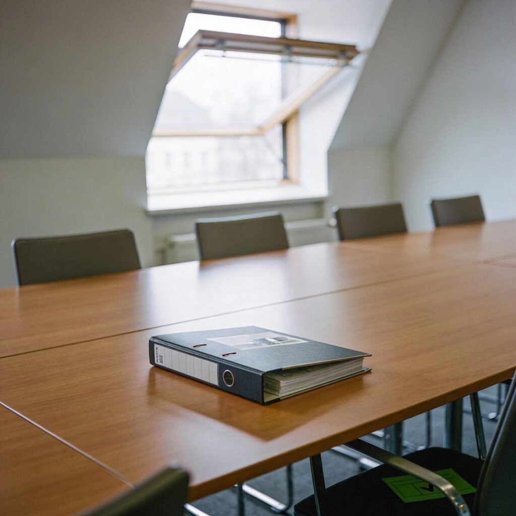 Eine einzelne Architektur-Projektmappe liegt isoliert auf einem langen, leeren Besprechungstisch.