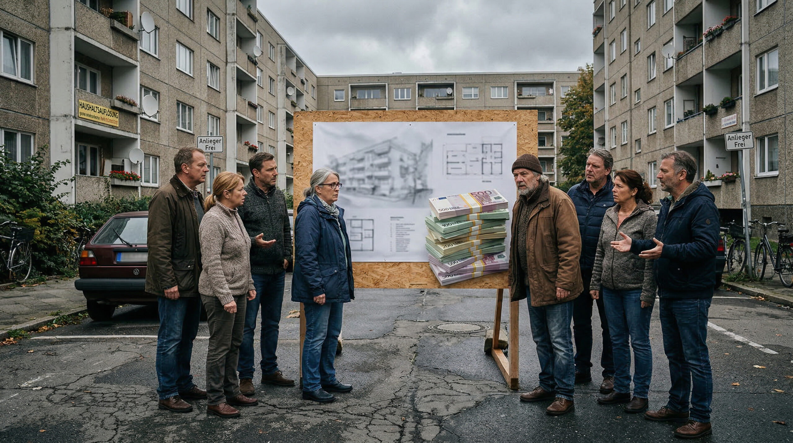 Wohnungseigentümer stehen ratlos vor einem Bauplan mit verschwommenem Motiv und einem Geldbündel auf einem Parkplatz.