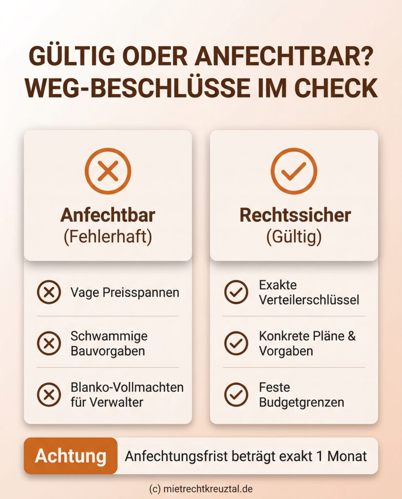 Infografik: Gegenüberstellung von anfechtbaren und rechtssicheren WEG-Beschlüssen sowie Hinweis auf die einmonatige Anfechtungsfrist.