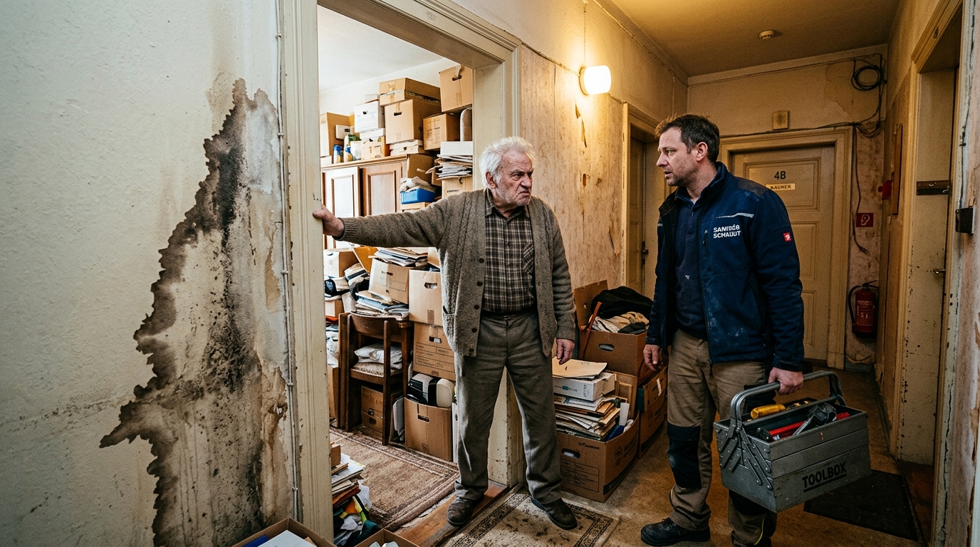 Älterer Mieter versperrt Handwerker den Zutritt zu vollgestellter Wohnung; Feuchtigkeitsfleck an der Wand sichtbar.