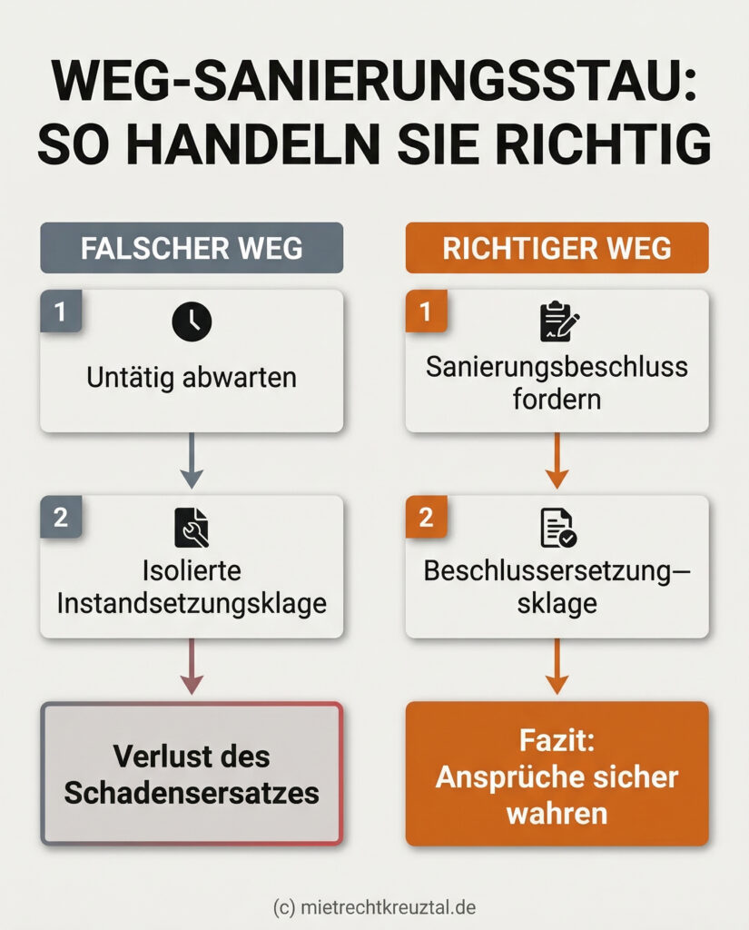 Infografik: Vergleich des falschen und richtigen Vorgehens bei verschleppten Sanierungen in der Wohnungseigentümergemeinschaft.