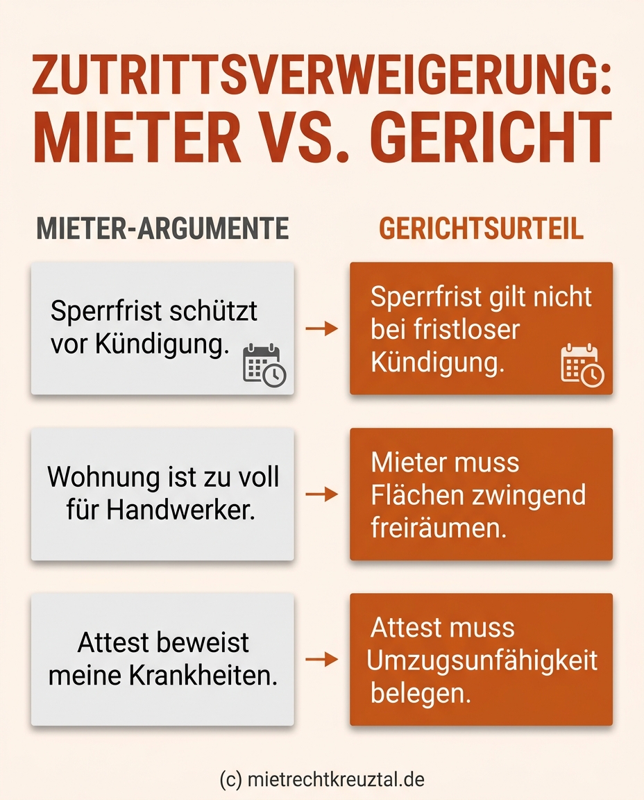 Infografik: Gegenüberstellung von typischen Mieter-Ausreden bei Zutrittsverweigerung und dem tatsächlichen Urteil des Gerichts.