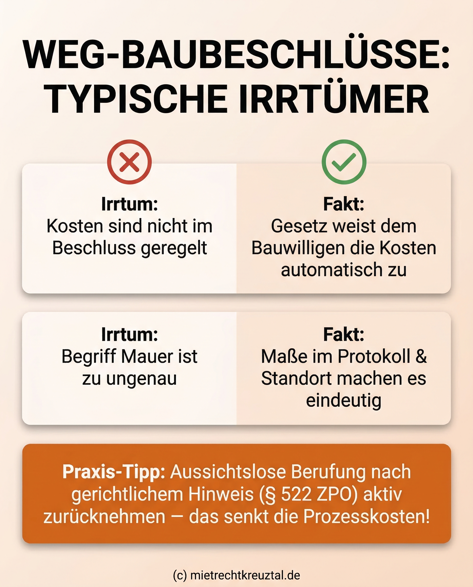 Infografik: Typische Irrtümer bei WEG-Baubeschlüssen und Tipps zur Prozesskostensenkung.