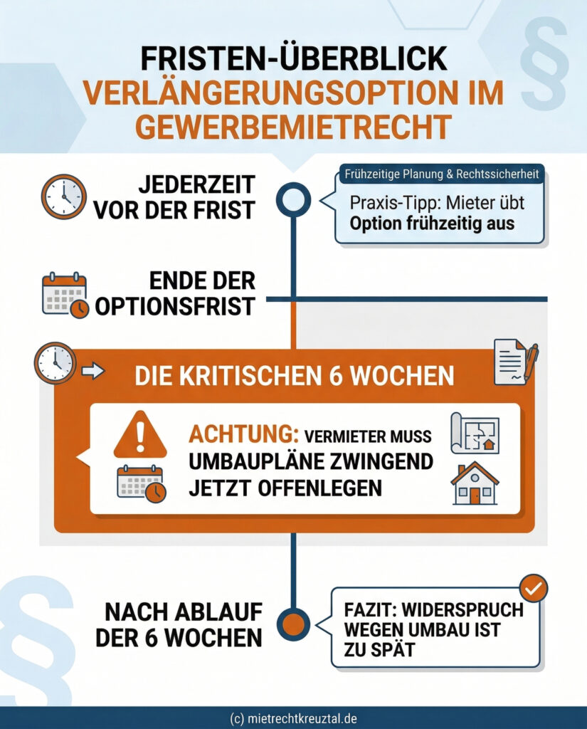 Infografik: Ein Zeitstrahl zeigt die Fristen bei der Verlängerungsoption im Gewerbemietrecht. Der Mieter kann jederzeit vor der Frist verlängern. Nach dem Stichtag der Optionsfrist hat der Vermieter nur etwa 6 Wochen Zeit, um wegen Umbauplänen zu widersprechen, andernfalls ist die Verlängerung sicher.