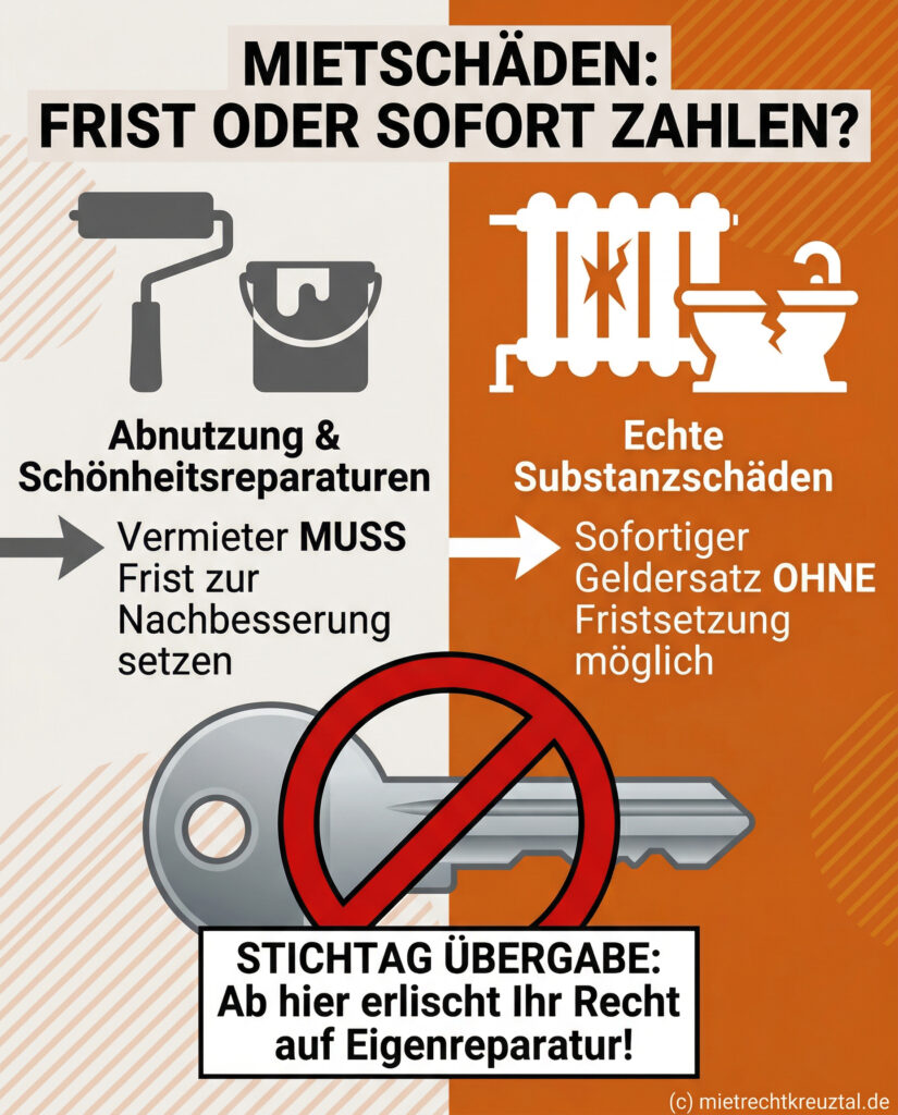 Infografik zum BGH-Urteil: Fristsetzung bei Schönheitsreparaturen vs. sofortiger Geldersatz bei Substanzschäden.