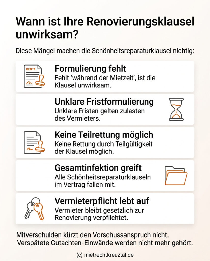 Infografik: Wann eine Schönheitsreparaturklausel im Mietvertrag unwirksam ist, insbesondere wenn die Formulierung 'während der Mietzeit' fehlt, und wie dies zur gesetzlichen Renovierungspflicht des Vermieters führt.