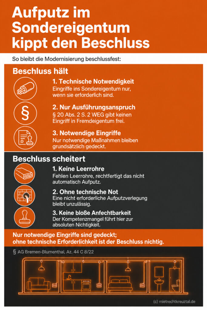 Infografik: Ein WEG-Beschluss über eine Aufputzverlegung im Sondereigentum ist mangels Beschlusskompetenz absolut nichtig, wenn keine technische Notwendigkeit für diesen Eingriff besteht.