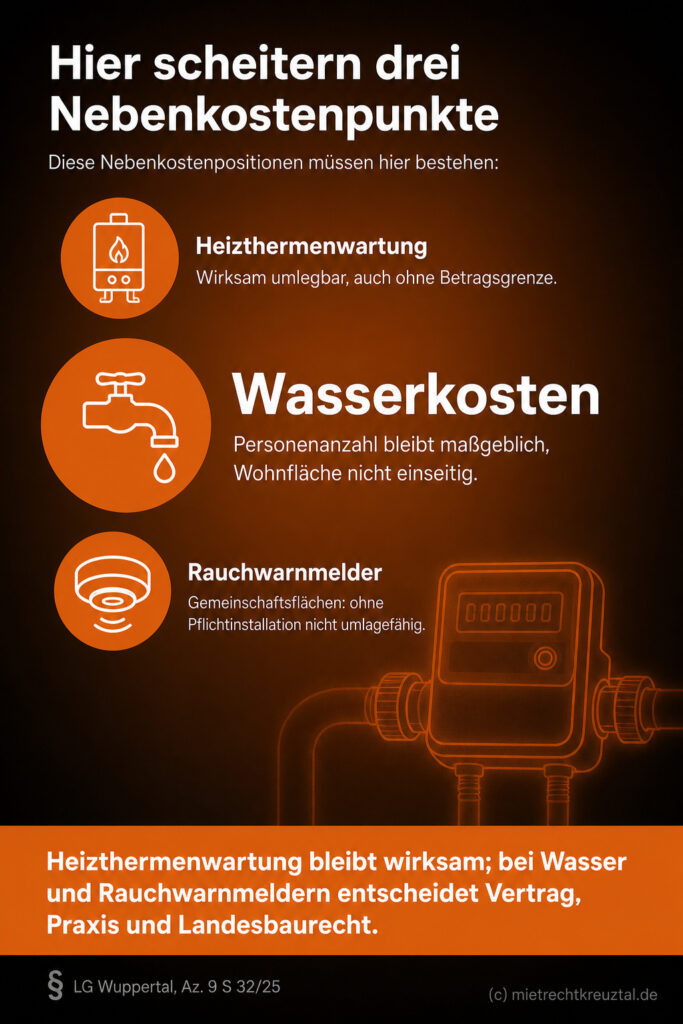 Infografik: Drei Nebenkostenpositionen im Test: Heizthermenwartung ist wirksam, während bei Wasser und Rauchmeldern Vertrag und Praxis über die Umlagefähigkeit entscheiden.