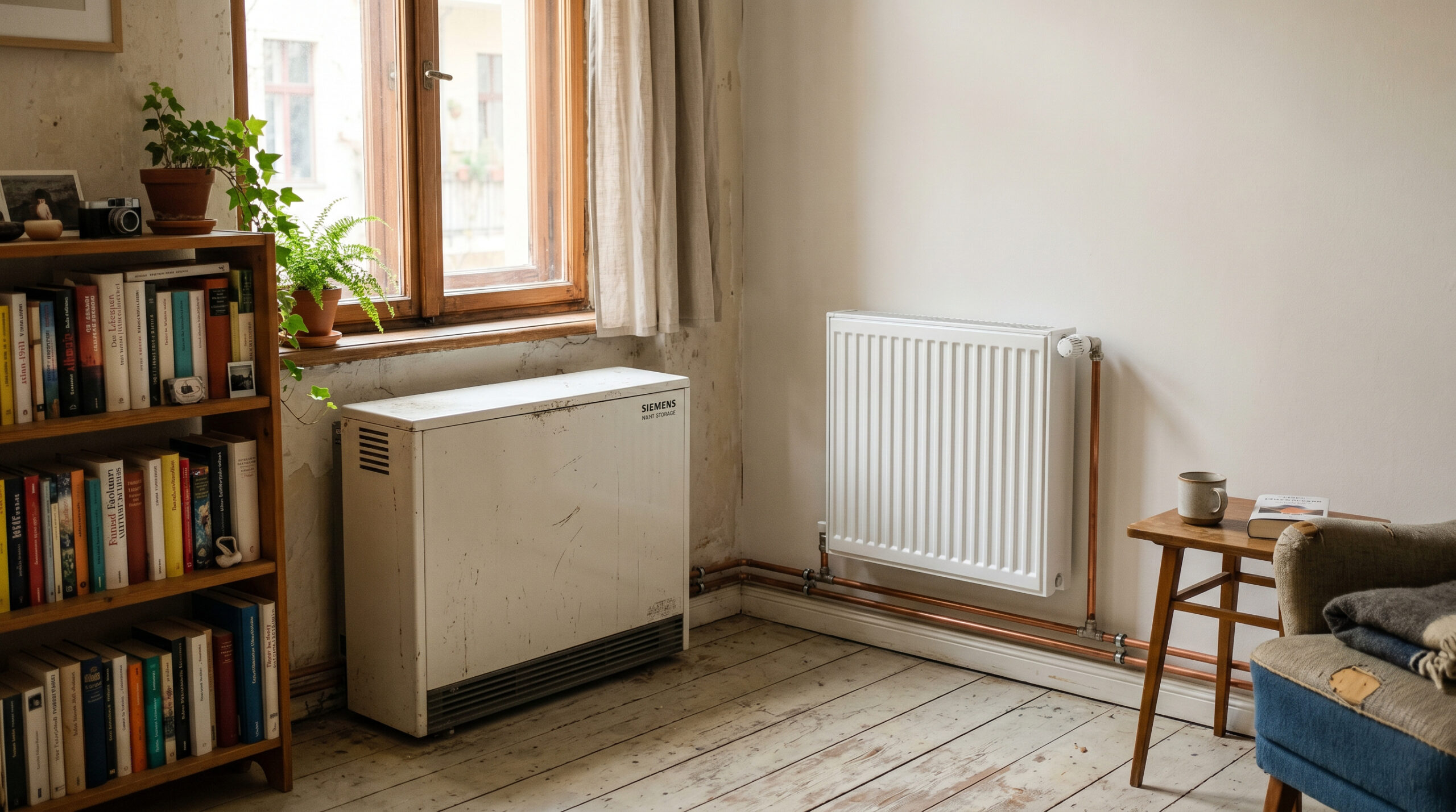 Ein alter Nachtspeicherofen neben einem neuen Zentralheizungskörper in einer Berliner Wohnung.