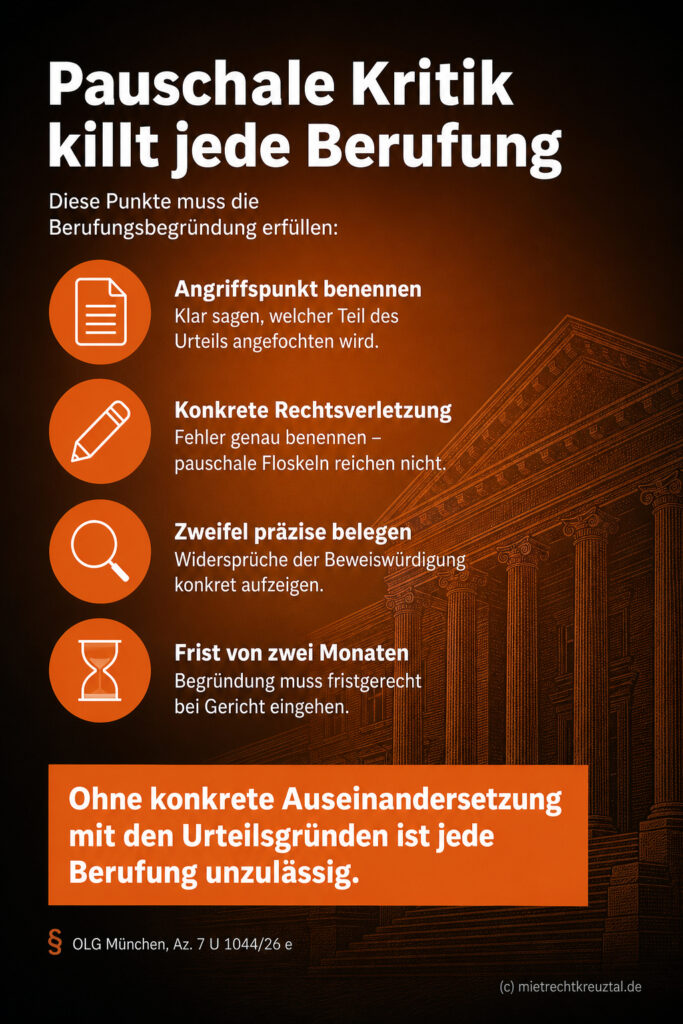 Infografik (Checkliste): Voraussetzungen einer Berufungsbegründung. Fehler konkret benennen, sonst droht Unzulässigkeit.