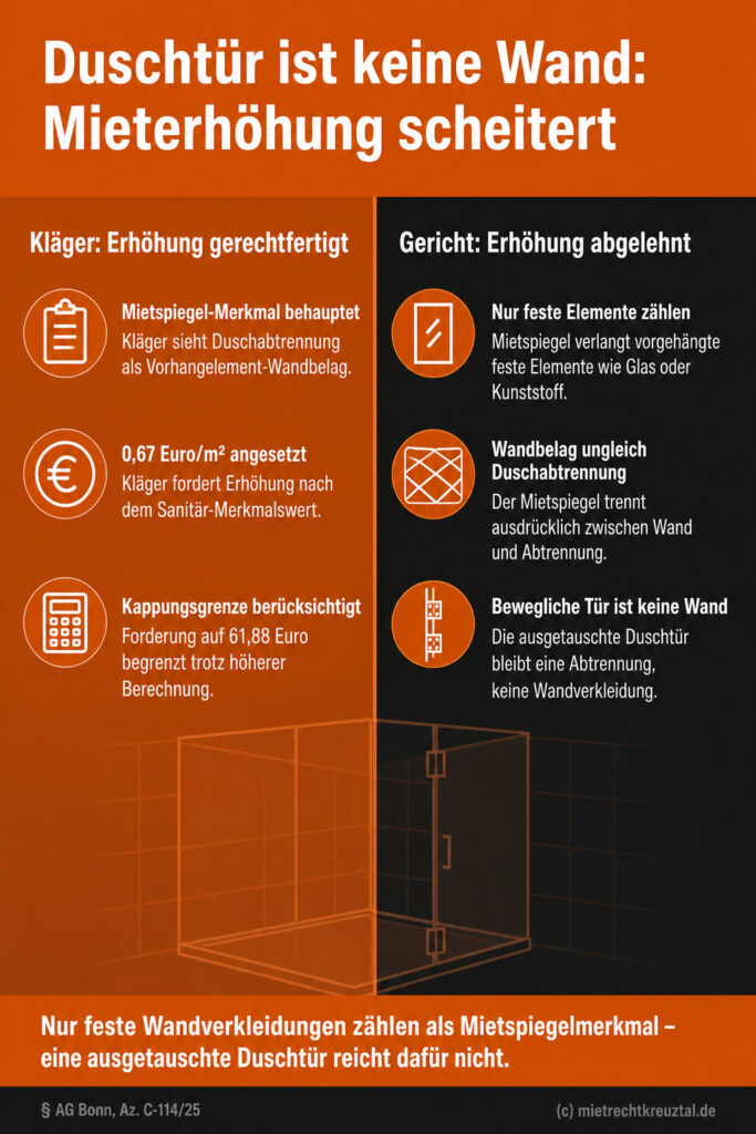 Infografik (Gegenüberstellung): Kläger- vs. Gerichtsposition zur Duschtür – kein fester Wandbelag, Mieterhöhung scheitert
