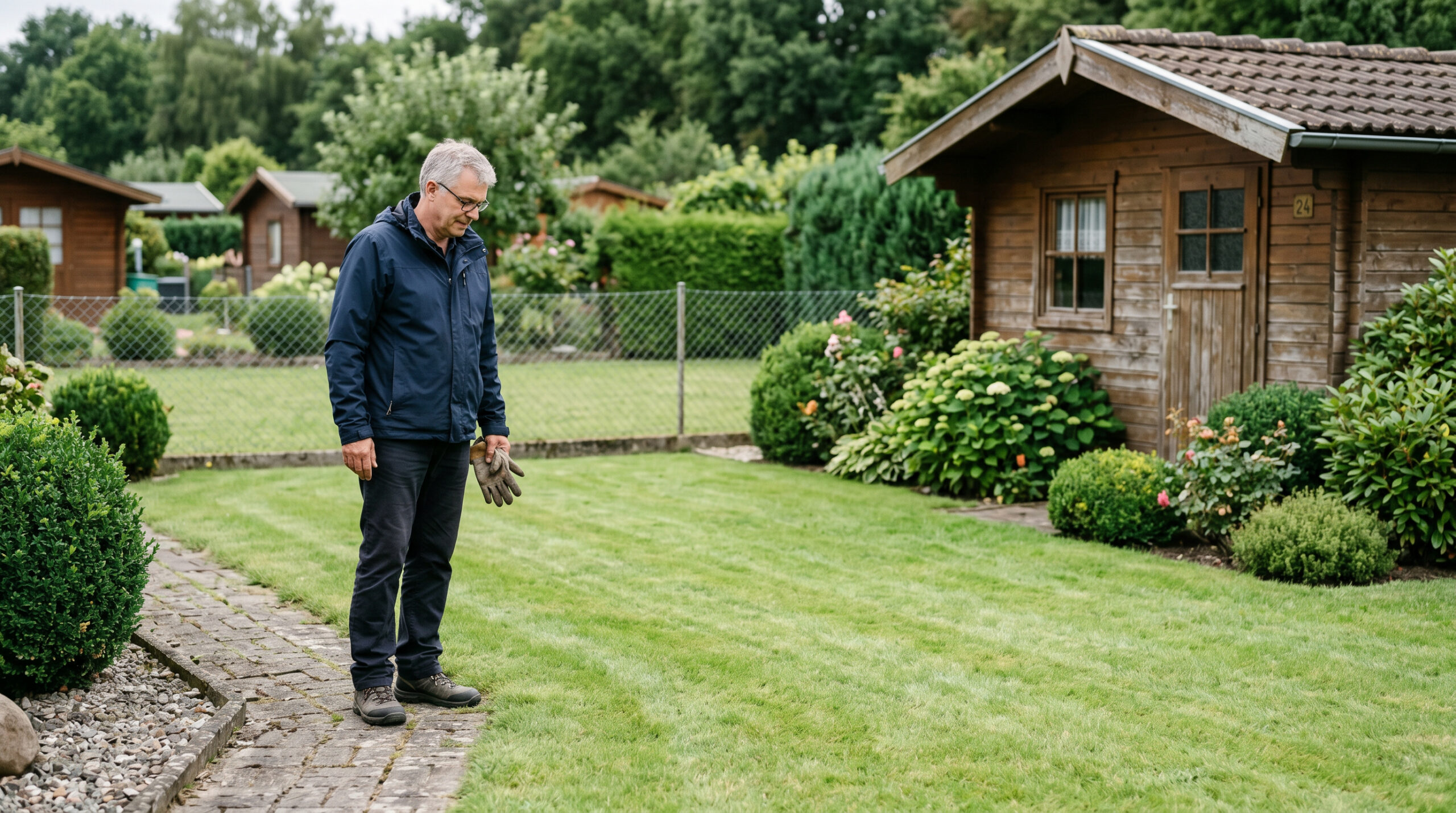 Gartenparzelle mit Rasenfläche, hölzerner Laube und Ziersträuchern ohne erkennbaren Obst- oder Gemüseanbau.