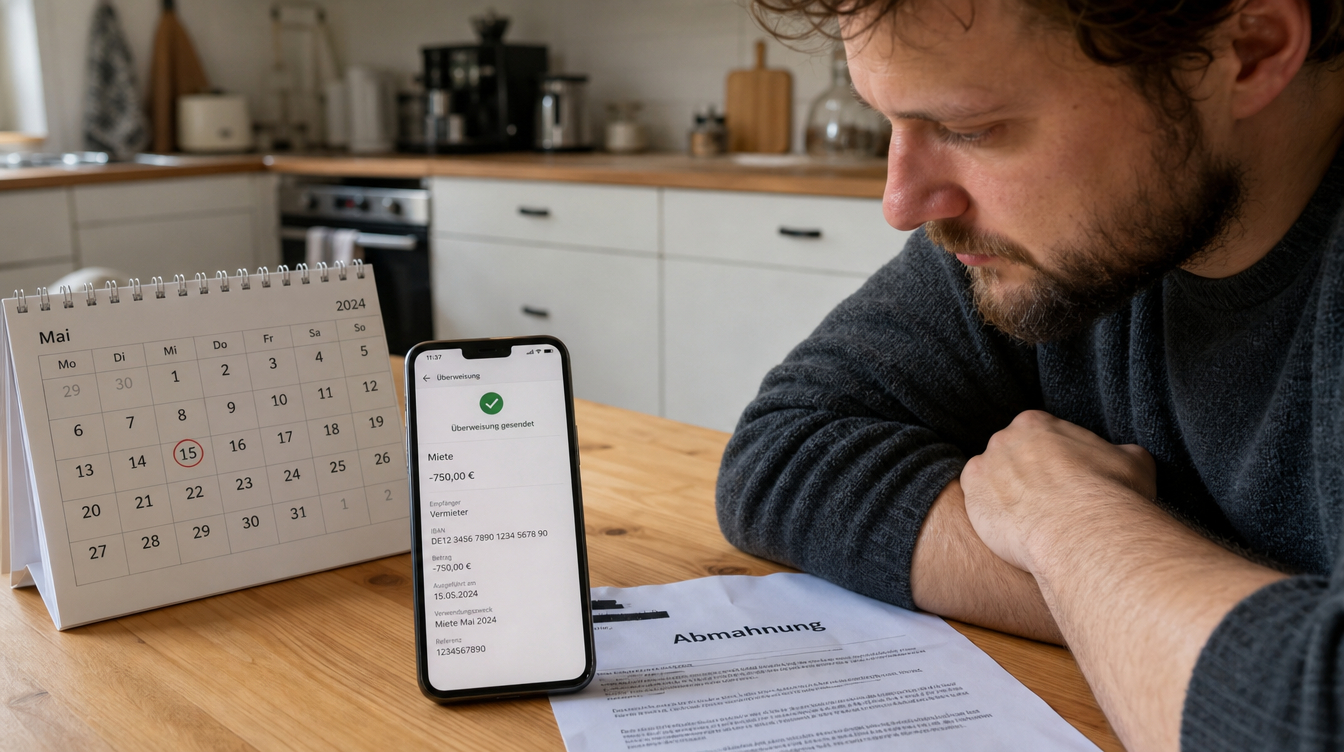 Smartphone auf Küchentisch zeigt verspätete Mietüberweisung neben einer schriftlichen Abmahnung und einem Kalender.
